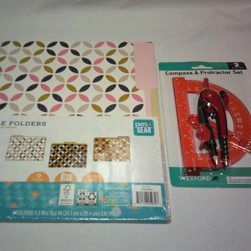 NEW LOT COMPASS & PROTECTOR SET & PEN+GEAR 9 FOLDERS PACK HOME OFFICE SCHOOL 🔥
